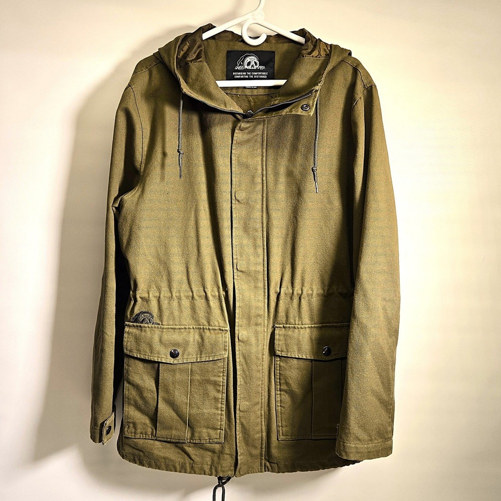Sketchy Tank Mens L Olive Green Hooded Jacket Grim Reaper‎ Palm Tree Graphic